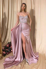 Elegant Spaghetti-Straps Pink Mermaid Prom Dress With Ruffles Split