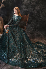 New Arrival Dark Green Sequins Long Sleeves Prom Dress With Detachable Skirt