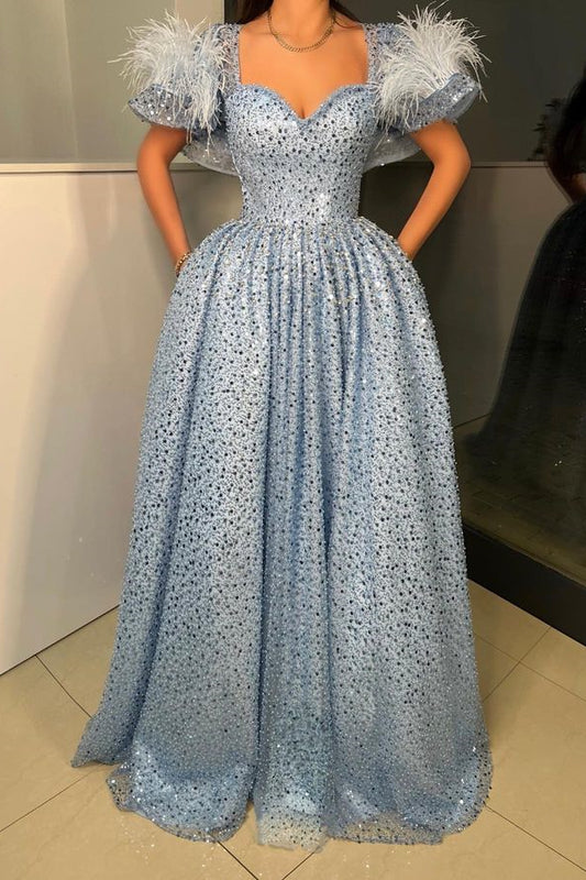 New Arrival Light Blue Short Sleeves Prom Dress Feather With Sequins Beads