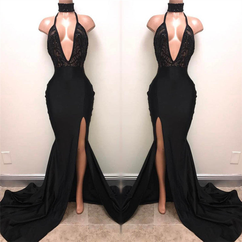 Gorgeous Black V-Neck Sleeveless Prom Dress Mermaid Split With Sequins
