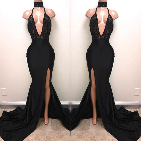 Gorgeous Black V-Neck Sleeveless Prom Dress Mermaid Split With Sequins
