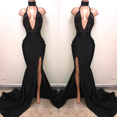 Gorgeous Black V-Neck Sleeveless Prom Dress Mermaid Split With Sequins
