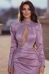 Modern High Neck Long Sleeves Prom Dress Mermaid Split With Sequins