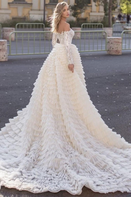 Elegant Mermaid Off-Shoulder Long-Sleeve Bridal Gown With Train