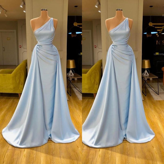 Stunning One Shoulder Baby Blue Prom Dress With Ruffles