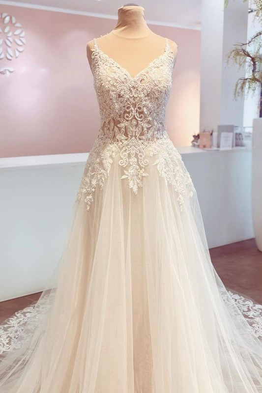 A-Line Wedding Gown with V-Neck Lace