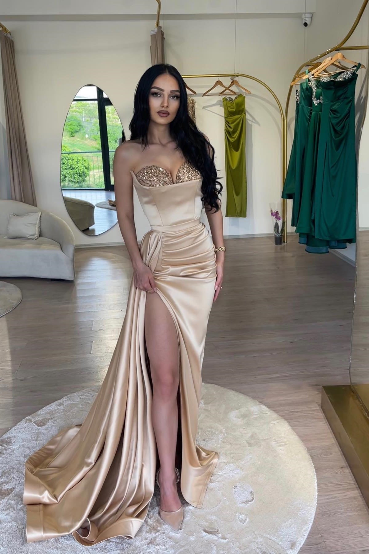 Modern Champagne Sweethear High Slit Prom Dress Mermaid With Sequins Ruffle