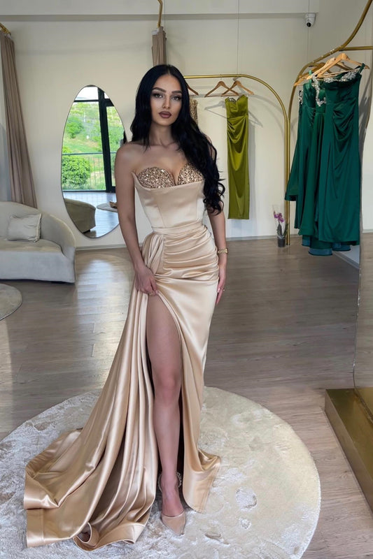 Modern Champagne Sweethear High Slit Prom Dress Mermaid With Sequins Ruffle