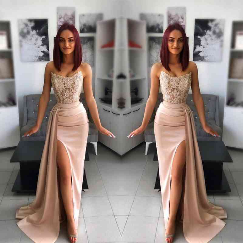 Chic Pink Evening Prom Dress with Applique Belt Slit Hollowing Out