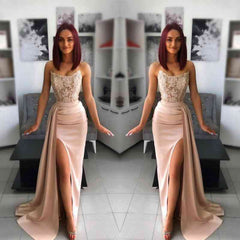 Chic Pink Evening Prom Dress with Applique Belt Slit Hollowing Out