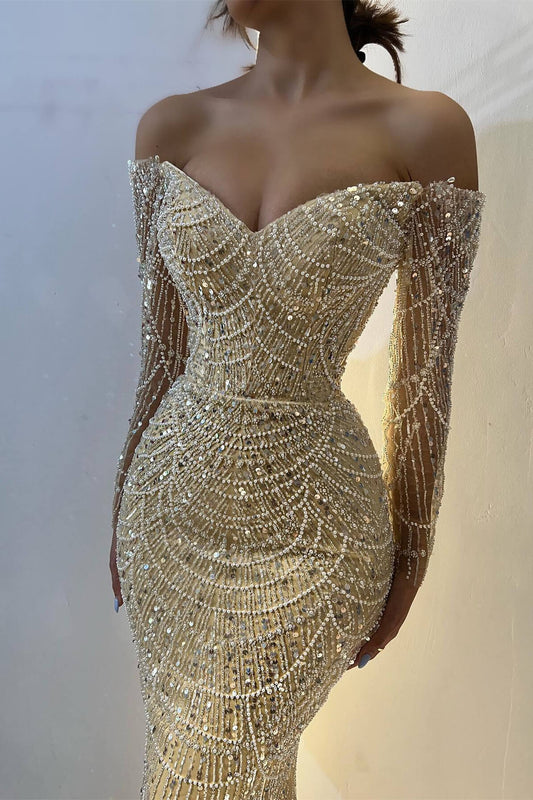 Stunning Off-the-Shoulder Long Sleeves Evening Prom Dress Mermaid Sequins Beadings With Pearls