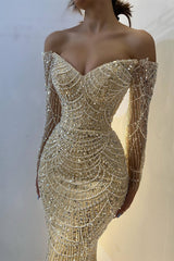 Stunning Off-the-Shoulder Long Sleeves Evening Prom Dress Mermaid Sequins Beadings With Pearls