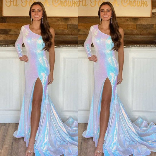 Modern One Shoulder Long Sleeves Mermaid Prom Dress Sequins With Split