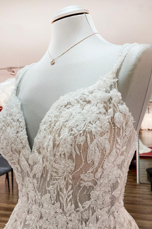 Elegant Backless V-Neck A-Line Wedding Gown with Ruffles and Sleeveless Design