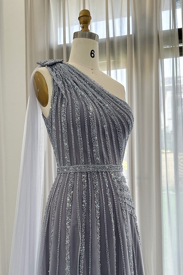 Charming Grey One Shoulder Beadings Prom Dress Tulle Long