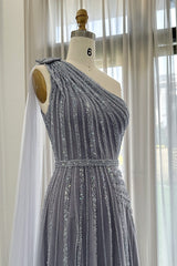 Charming Grey One Shoulder Beadings Prom Dress Tulle Long