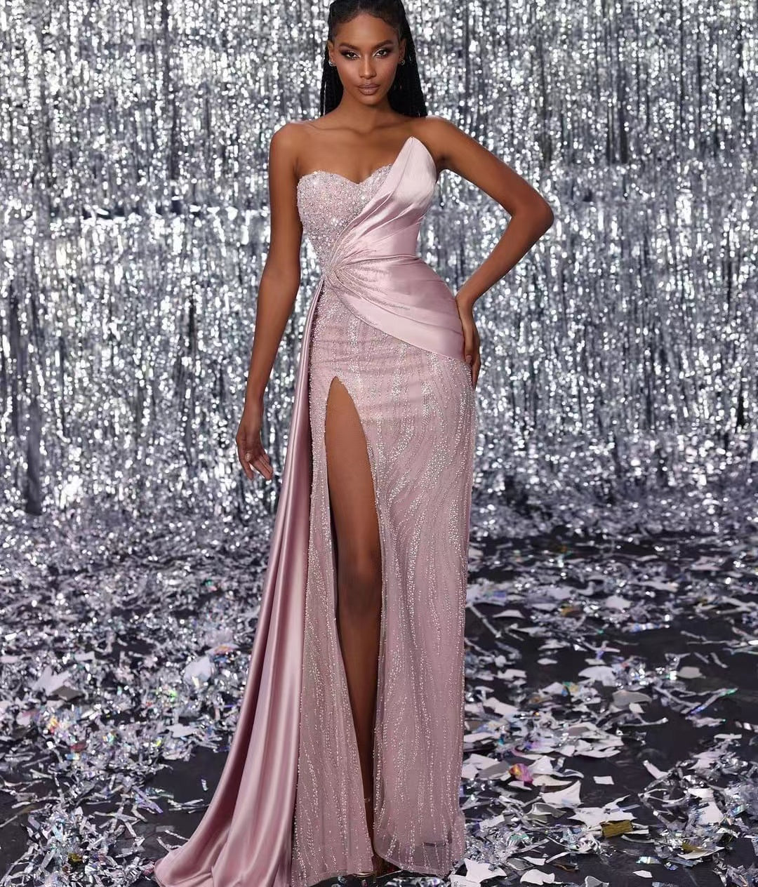 Classic Sweetheart Pink Prom Dress Mermaid Split With Beads