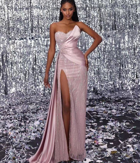 Classic Sweetheart Pink Prom Dress Mermaid Split With Beads