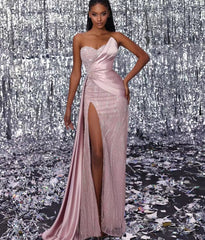 Classic Sweetheart Pink Prom Dress Mermaid Split With Beads