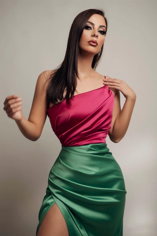 New Arrival One Shoulder Sleeveless Mermaid Prom Dress Pleats With Split