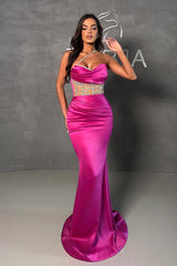 Modern Fuchsia Mermaid Long Prom Dress  Sweetheart With Beads Sleeveless