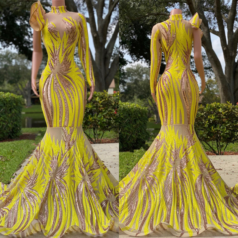 Modern Yellow High Neck Mermaid Prom Dress Sequins One Shoulder Sleeve