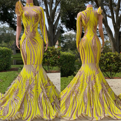 Modern Yellow High Neck Mermaid Prom Dress Sequins One Shoulder Sleeve