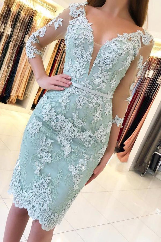 Gorgeous Off-the-Shoulder Long Sleeves Short Prom Dress Sheath Lace Appliques