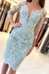Gorgeous Off-the-Shoulder Long Sleeves Short Prom Dress Sheath Lace Appliques