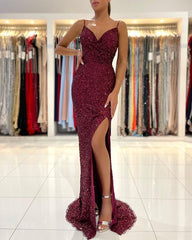 Stunning Spaghetti-Straps Sequins Prom Dress Mermaid Slit Party Gowns