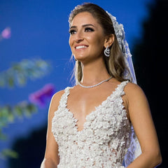 Elegant V-Neck Lace A-Line Long Wedding Dress with Floral Details
