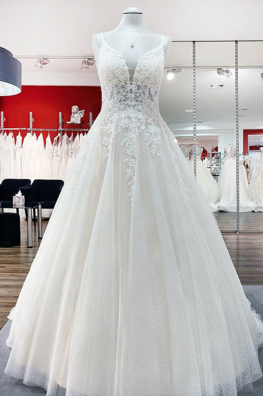 Long A-line V-neck Wedding Dress with Spaghetti Straps and Backless Tulle Lace