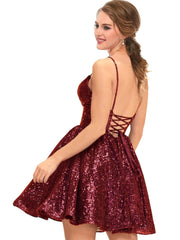 Burgundy Sequin Short  Spaghetti Straps A Line Homecoming Dress Cocktail Dresses