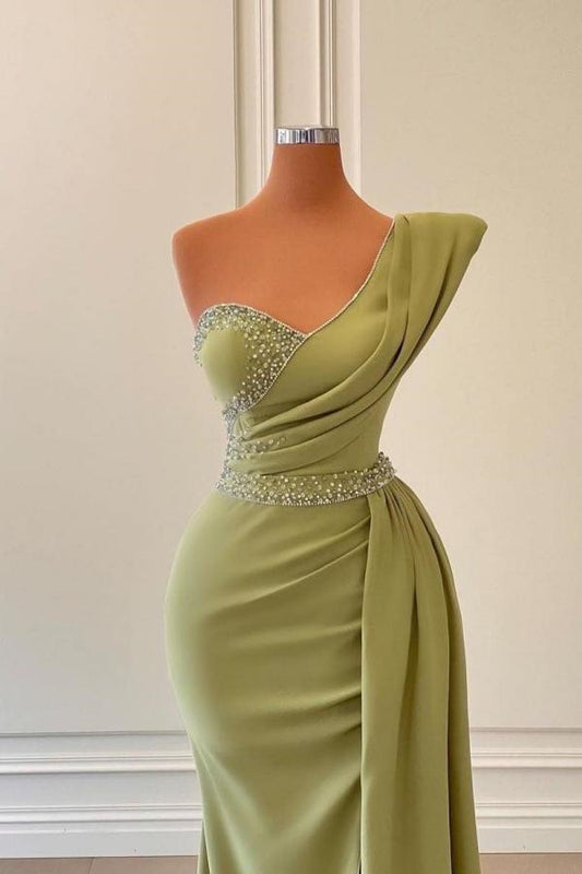 Modern One Shoulder Sage Mermaid Prom Dress Long Ruffles With Beads