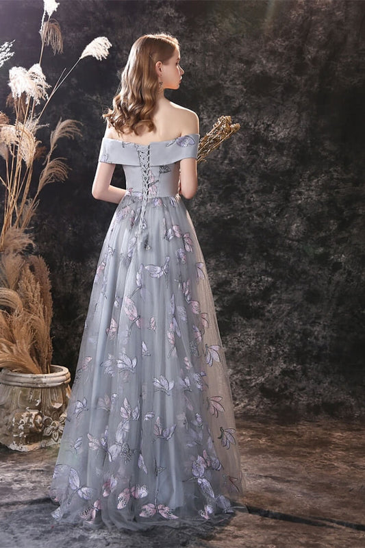 New Arrival Dusty Blue Long Tulle Prom Dress Butterfly Sequins Lace Up