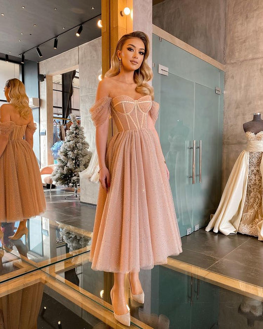 Gorgeous Off-the-Shoulder Tulle Prom Dress Sequins Tea-Length