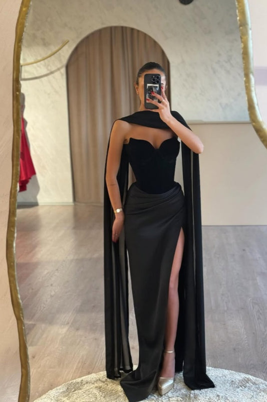 Black Strapless Long Prom Dress Sleeveless with Split