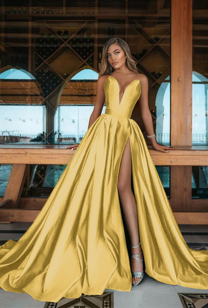Emerald Green V-Neck Prom Dress Long with Split