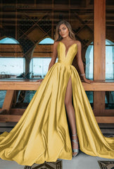 Emerald Green V-Neck Prom Dress Long with Split