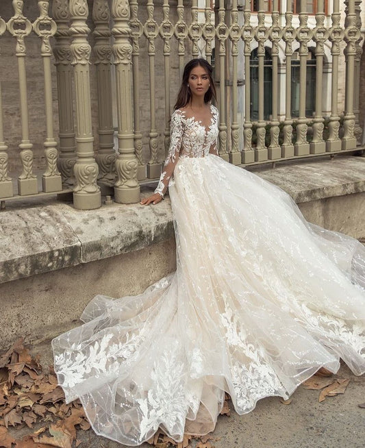 A-Line Wedding Dress with Elegant Long Sleeves and Bateau Train, Featuring Appliques Lace