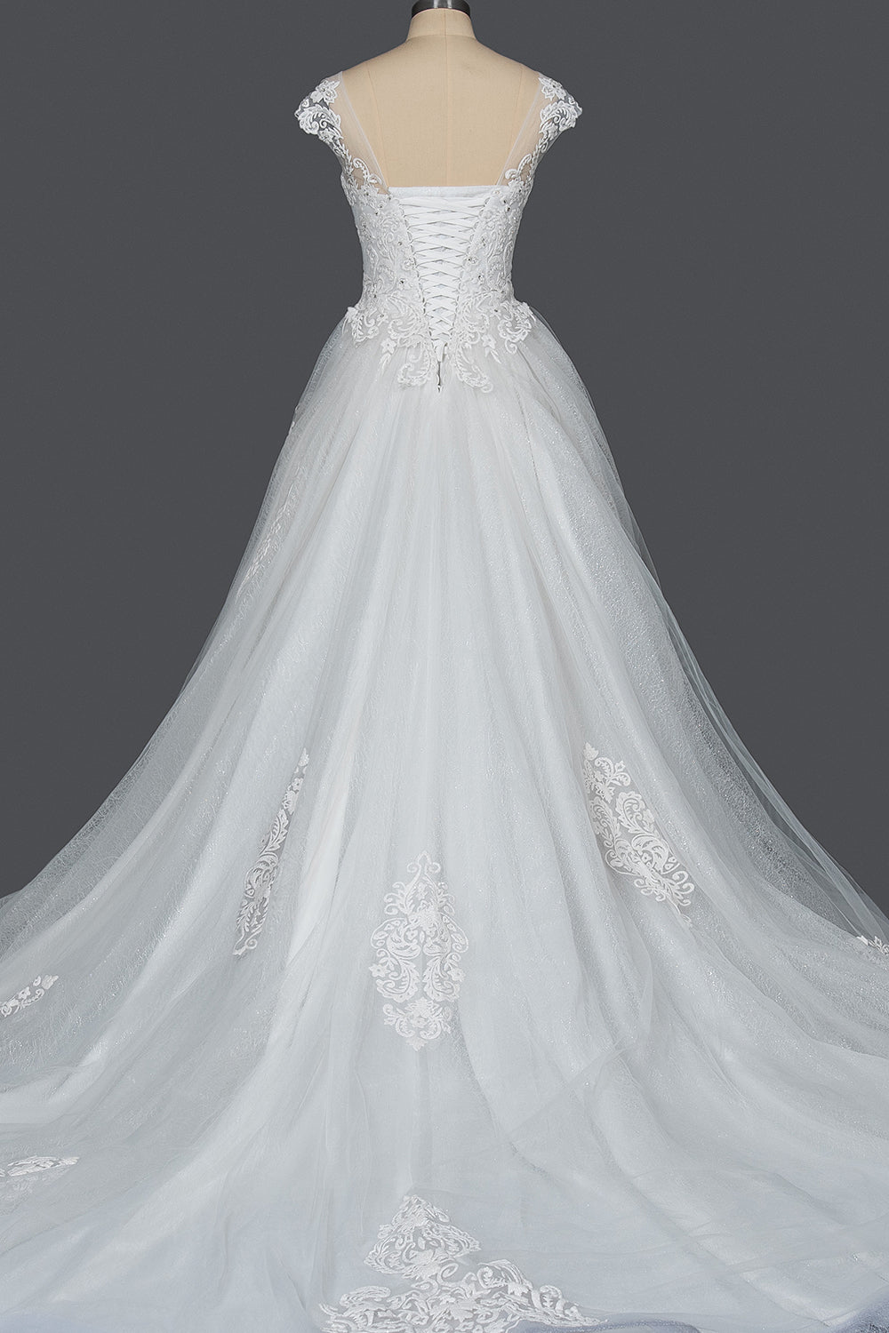 Elegant Cap Sleeve Sheer Tulle Ball Gown Wedding Dress With V-neck Lace