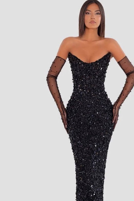 Black Strapless Beaded Prom Dress Sleeveless with Gloves