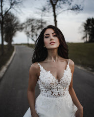 Elegant A-line V-neck Tulle Wedding Dress with Appliques