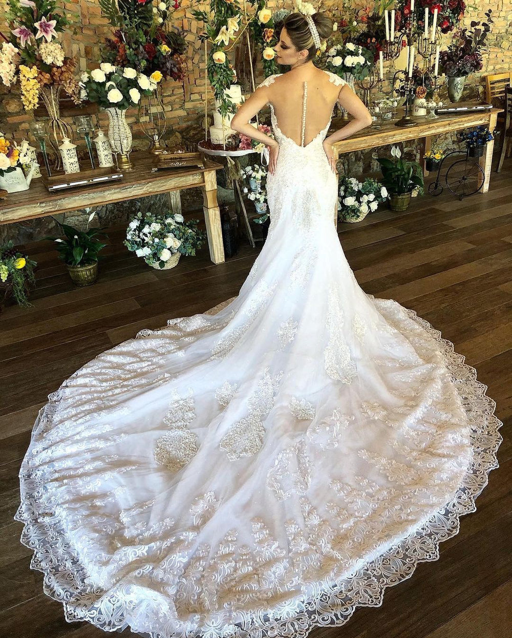 Long Mermaid Wedding Dress with Elegant Sweetheart Neckline and Lace Cap Sleeves