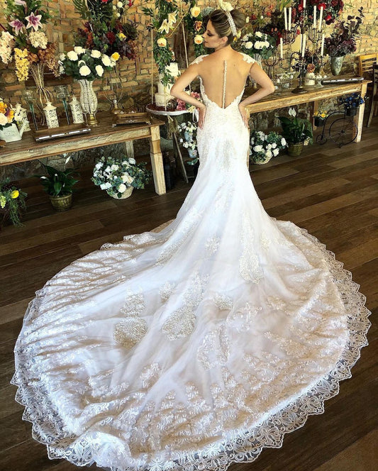 Long Mermaid Wedding Dress with Elegant Sweetheart Neckline and Lace Cap Sleeves