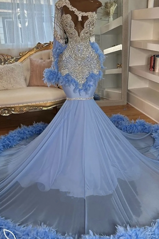 Stunning Dusty Blue One Shoulder Long Sleeve Prom Dress Mermaid Long With Beadings Feathers