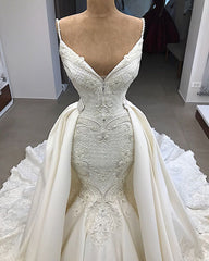 Wedding Dress with Detachable Skirt, Spaghetti Straps, and Mermaid Applique Ruffles