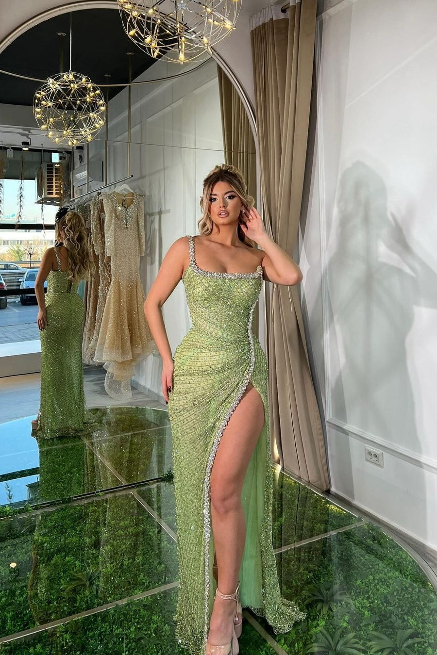 Green Sexy Sleeveless Spaghetti Strap Prom Dress With High Slit And Beads Online |