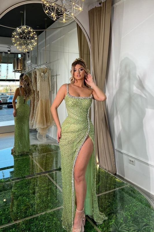 Green Sexy Sleeveless Spaghetti Strap Prom Dress With High Slit And Beads Online |