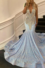 Classic Light Blue Sequins Prom Dress mermaid Sleeveless With Crystal